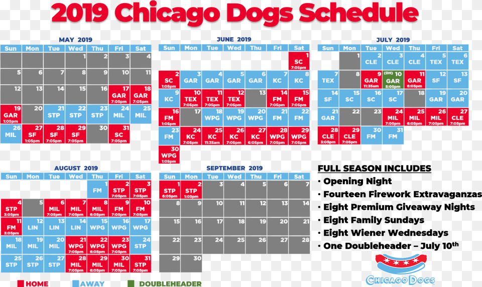 Chicago Dogs 2019 Schedule, Text, Scoreboard, Calendar Free Png