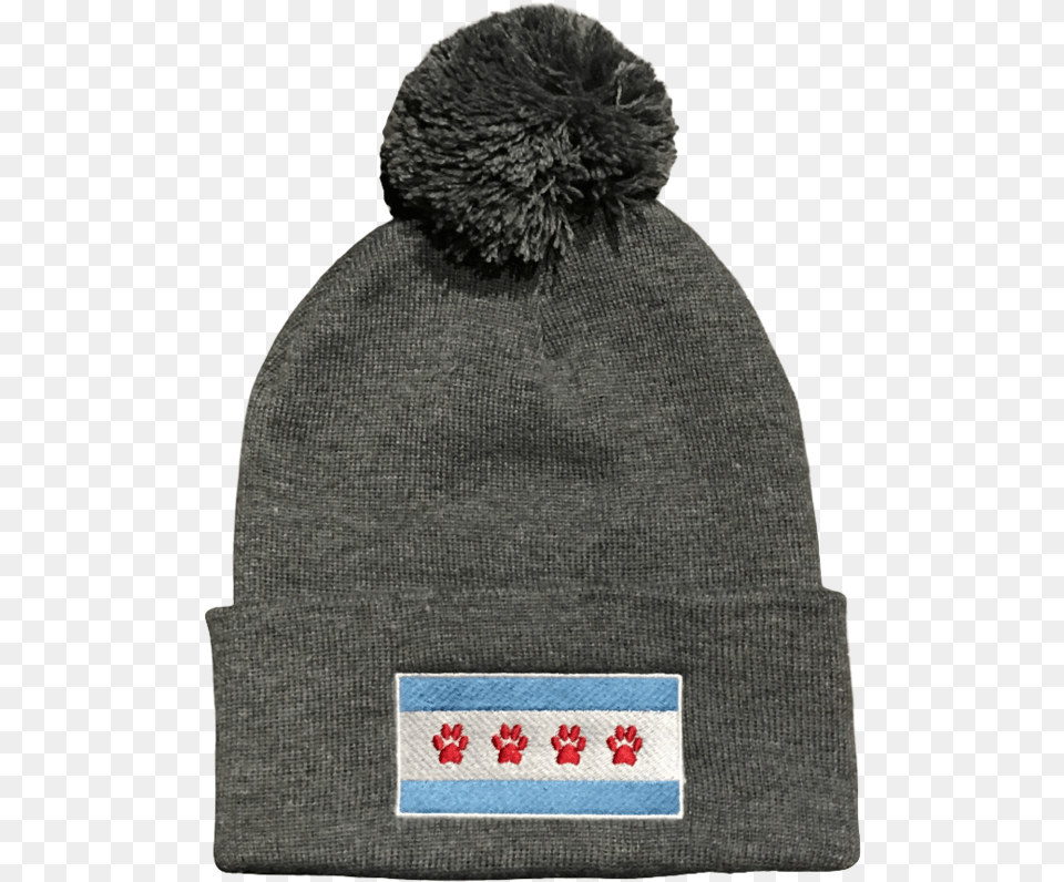 Chicago Paw Flag Pom Beanie Hat Heather Grey, Cap, Clothing, Text, Credit Card Free Png
