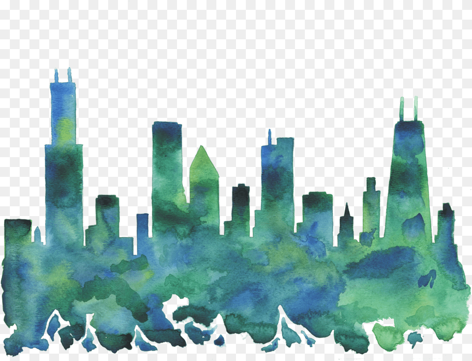 Chicago Skyline Blue Green Watercolor Print Skyline Blue Chicago Skyline Green, Crystal, Mineral, Art, Quartz Png Image