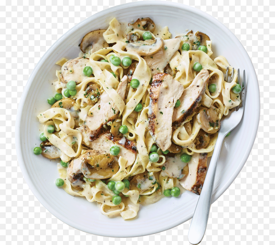 Chicken Alfredo With Peas And Mushrooms, Food, Noodle, Plate, Meal Png