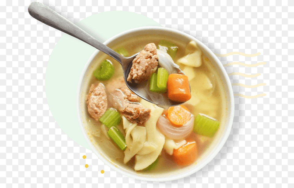 Chicken Sausage Noodle Soup In A Bowl With A Spoon Asian Soups, Cutlery, Dish, Food, Meal Free Png