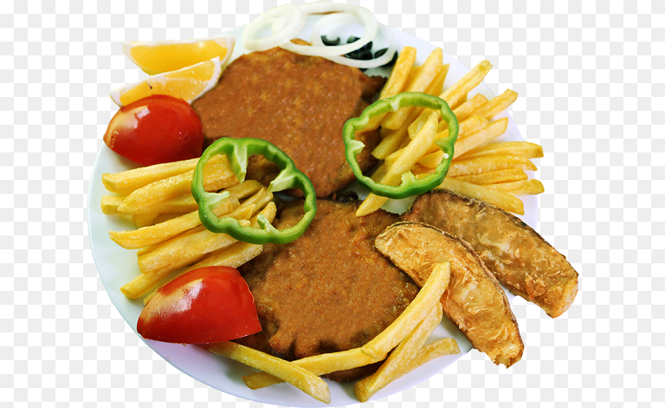 Chicken Scallop French Fries And Shami Kabab Brochure Style, Food, Food Presentation, Lunch, Meal Free Png