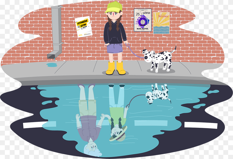 Child And Dog Looking In Puddle At Reflection Of Someone Illustration, Boy, Person, Male, Animal Free Transparent Png