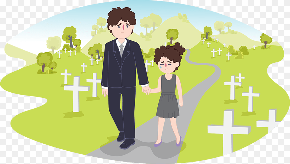Child And Male Parent Or Carer Walking Through A Cemetery Illustration, Boy, Person, Girl, Female Png Image