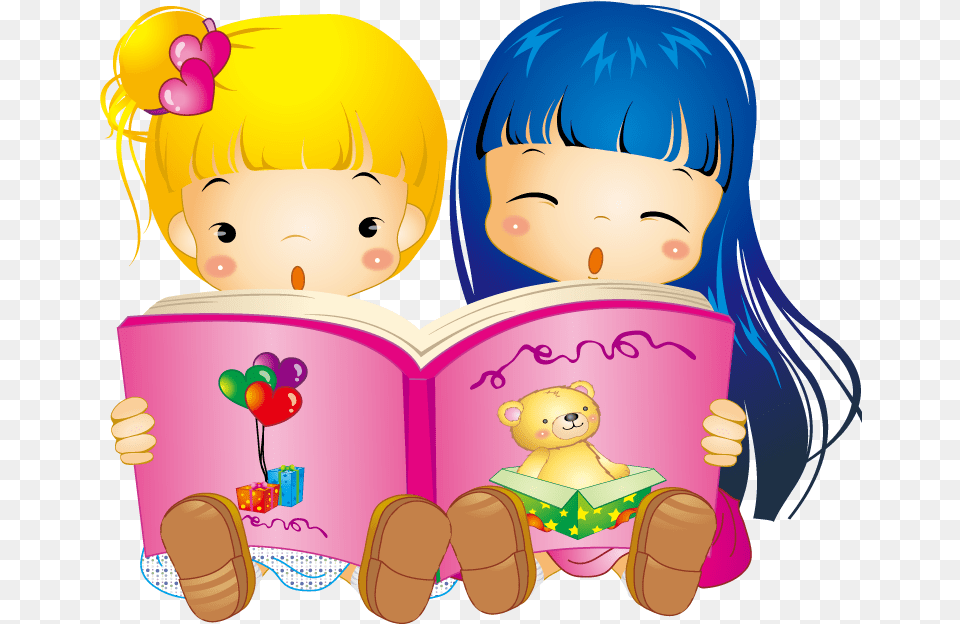 Child Cartoon Two Girls Reading Clipart, Book, Person, Publication, Comics Free Png Download