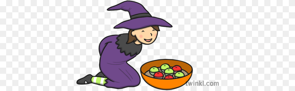 Child Dressed As Witch Bobbing For Apples Illustration Twinkl Clip Art, Bowl, Face, Head, Person Png