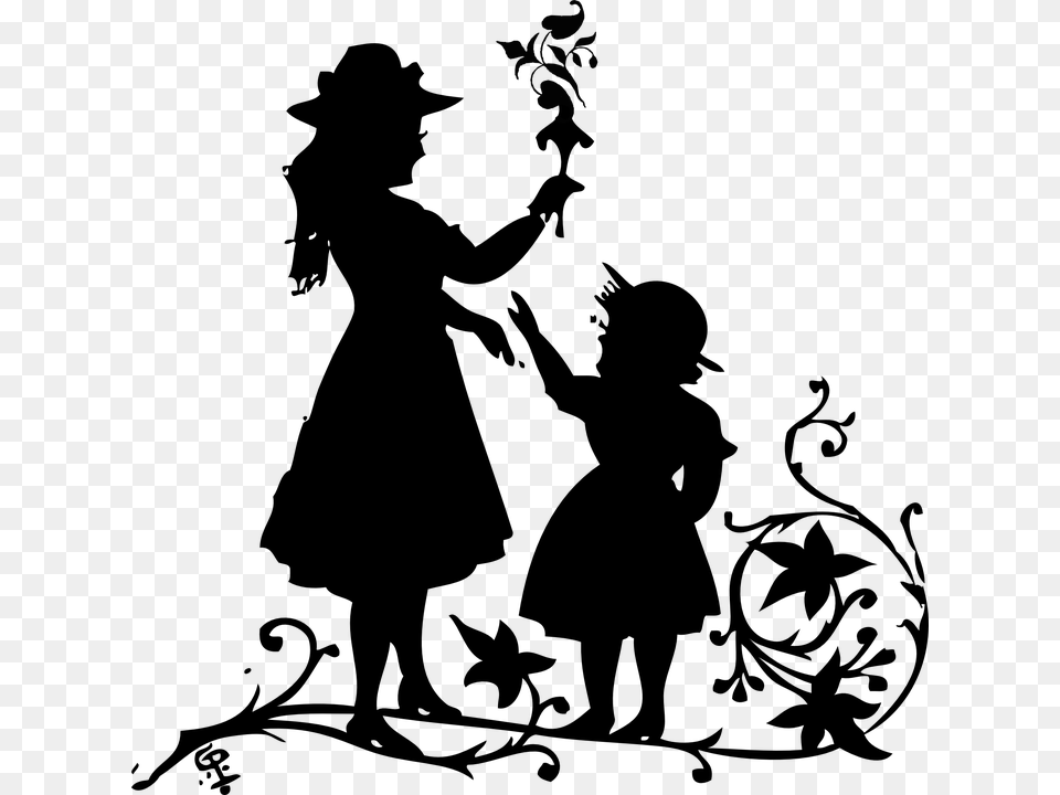 Child Woman Mother Dress Heat Floral Ornament Mom And Me, Gray, Silhouette Free Transparent Png