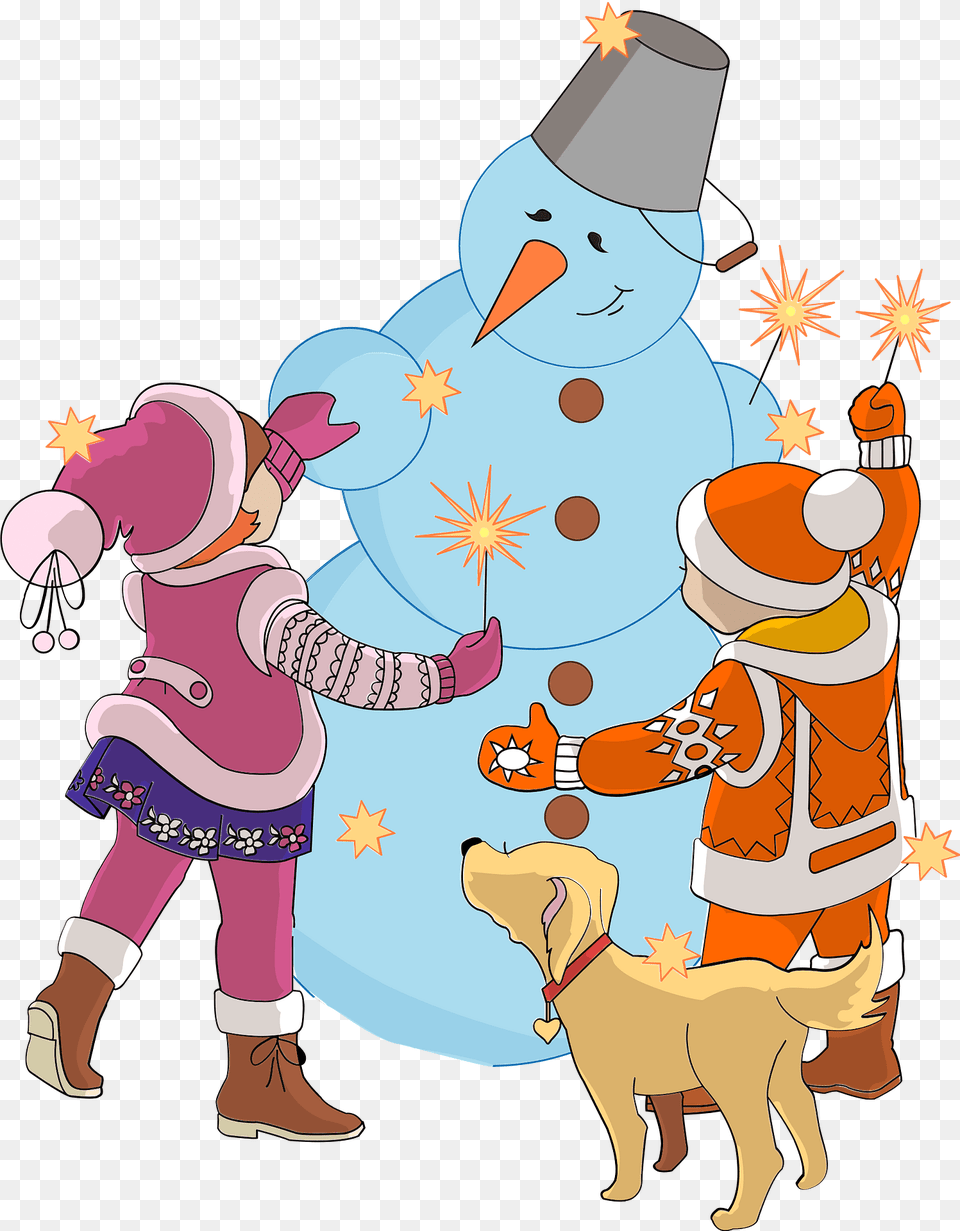 Children And Snowman Celebrating Happy New Year Clipart, Outdoors, Nature, Baby, Person Free Transparent Png