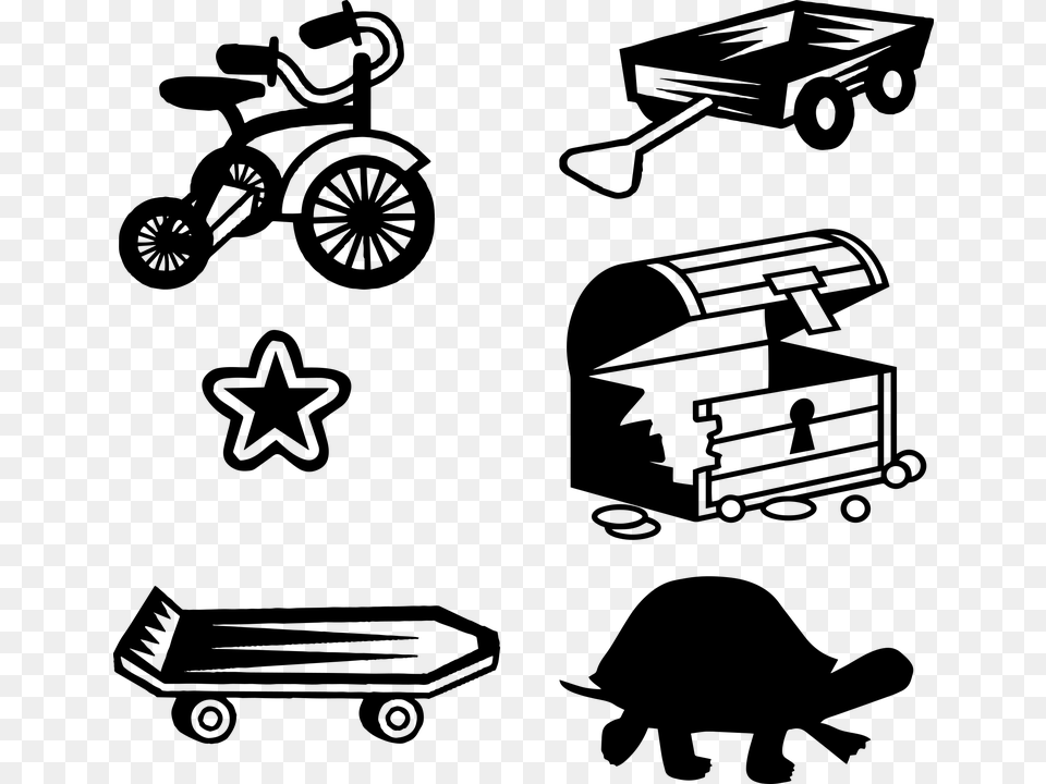 Children Toys Tricycle Skateboard Treasure Chest Free Toys Clipart Black And White Free, Gray Png