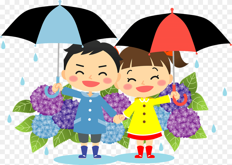 Children Under Umbrellas In Front Of Hydrangeas Clipart, Clothing, Coat, People, Person Free Png Download