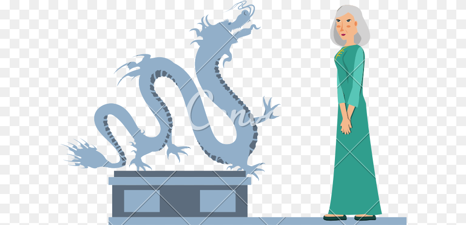 Chinese Dragon Statue With Old Woman Icons By Canva Illustration, Adult, Female, Person, Face Png Image