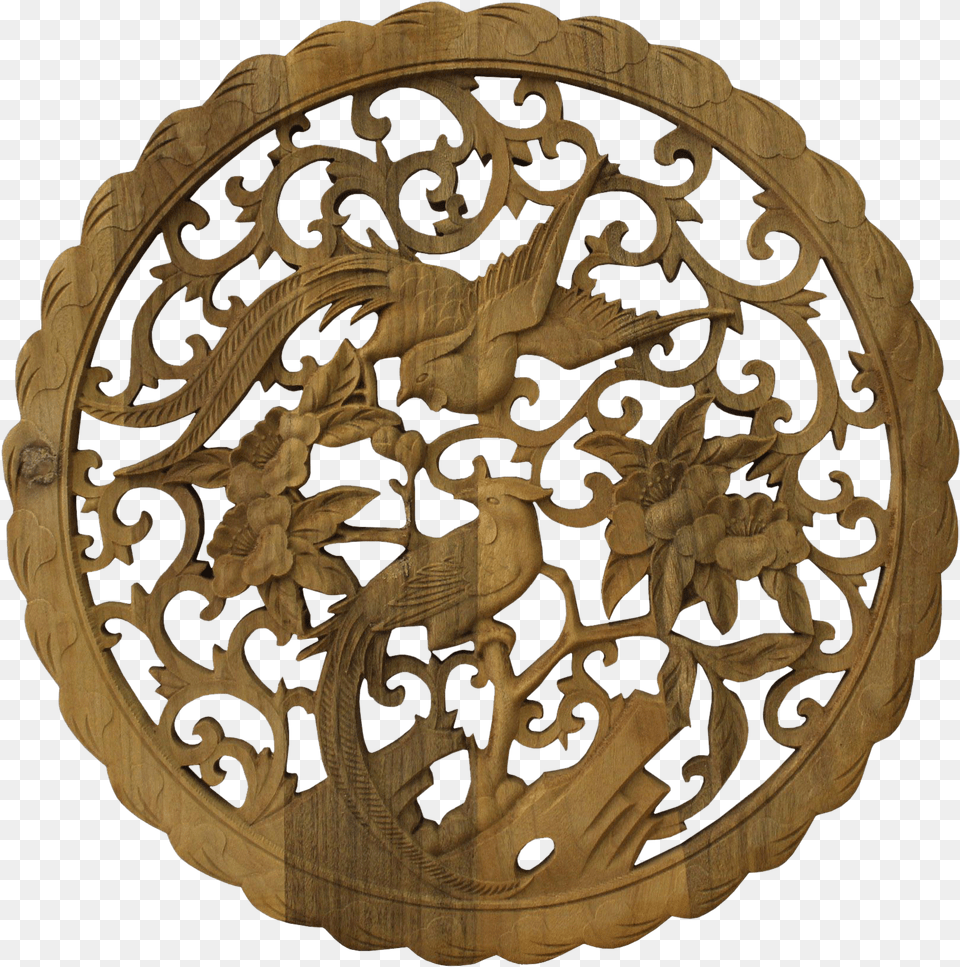 Chinese Round Wood Flower Birds Wall Plaque Hanging Panel Wood Png Image