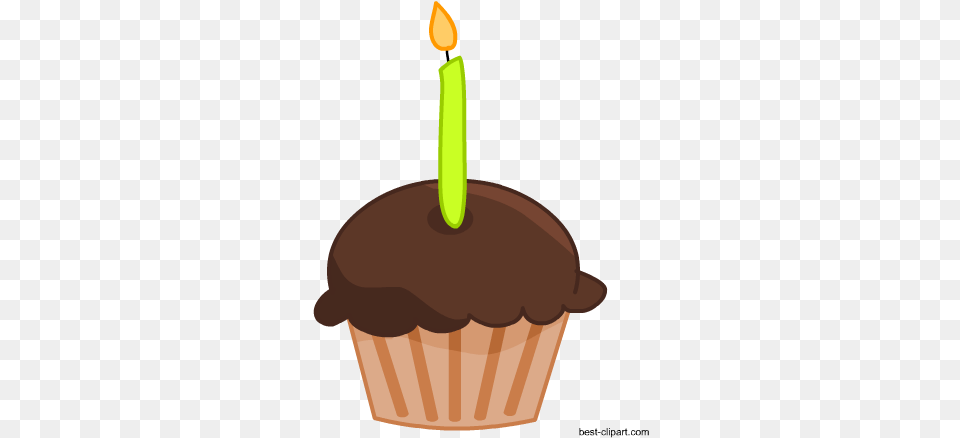 Chocolate Cupcake With Green Candle Clip Art Cupcake With Candle Clipart, Cake, Cream, Dessert, Food Free Png