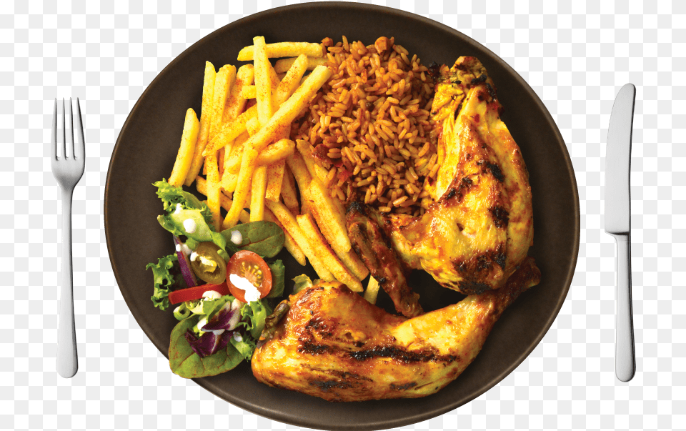 Choice Of Grilled Chicken With Fries Rice Amp Fresh Menu, Cutlery, Food, Food Presentation, Fork Png Image