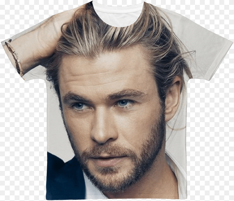 Chris Hemsworth Classic Sublimation Adult T Shirt Fine Hair Men Long, Head, Beard, Person, Face Png Image