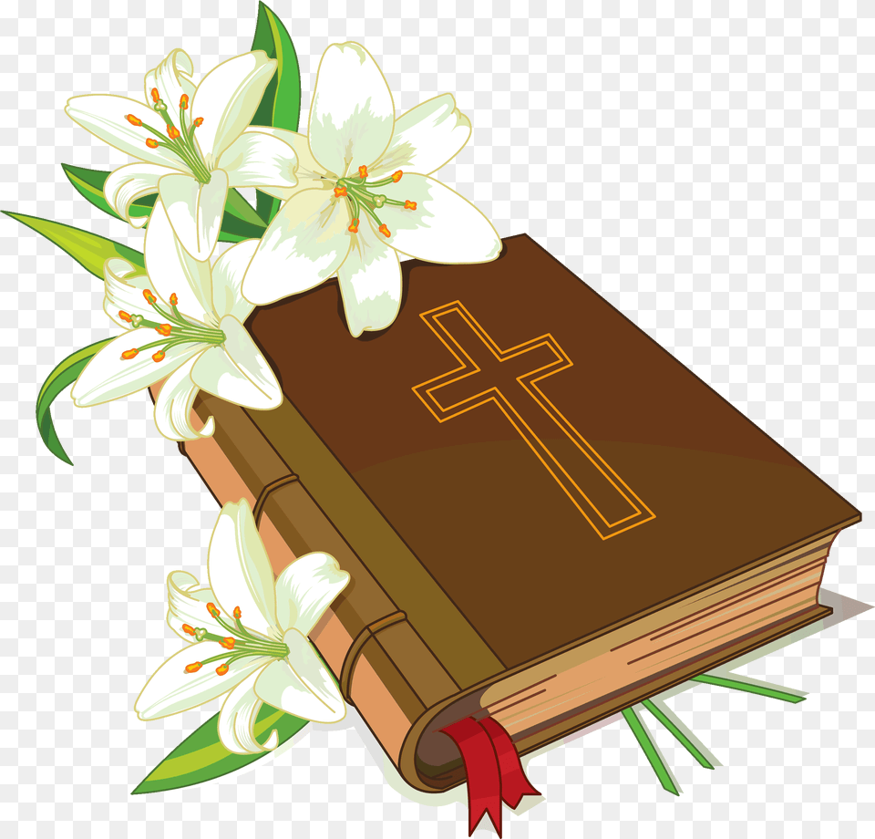 Christian Bible And Flowers Clipart Bible And Cross, Book, Publication, Flower, Plant Free Png Download