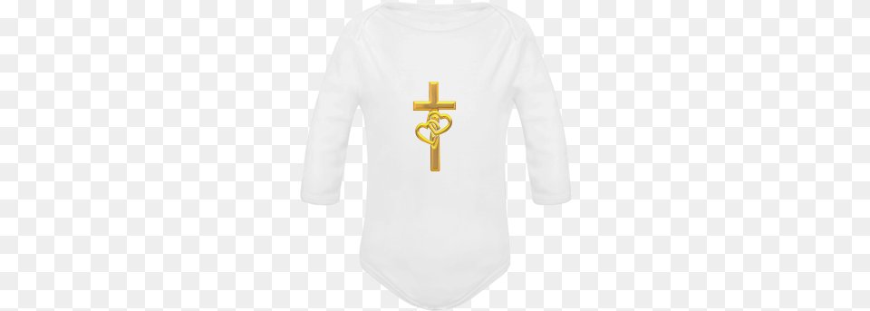 Christian Symbols Golden Cross With 2 Hearts Baby Powder Emblem, Clothing, Long Sleeve, Sleeve, Symbol Free Png Download