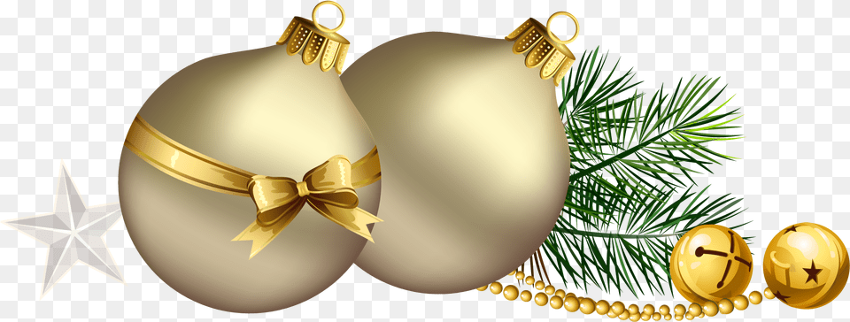 Christmas Balls With Pine Branch And Star Clipart Christmas Stars Transparent, Gold, Accessories, Food Png