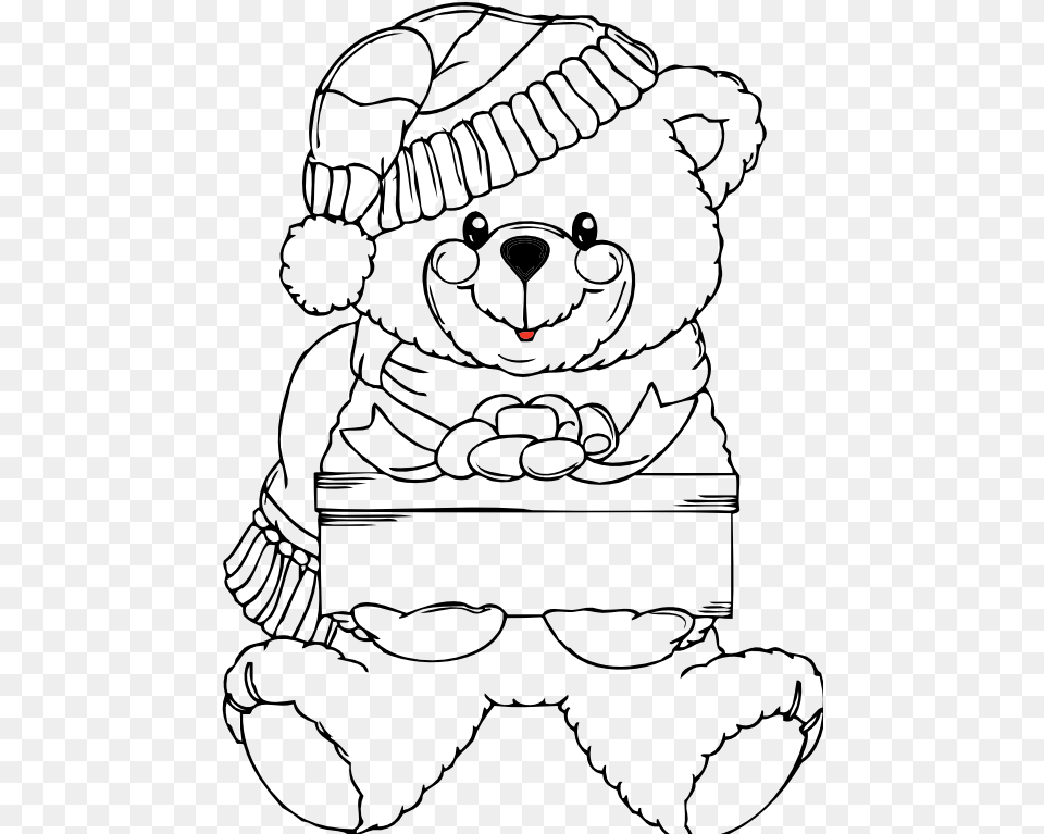 Christmas Bear Wih Present Black White Line Art Xmas Christmas Teddy Coloring Pages, Body Part, Hand, Person Free Transparent Png