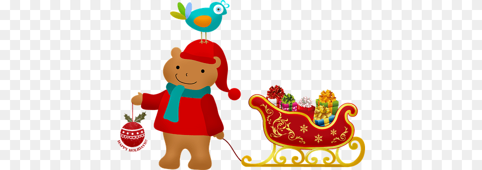Christmas Bear With Sleigh Bird On Head Christmas Characters Vector, Elf, Baby, Person, Food Free Png