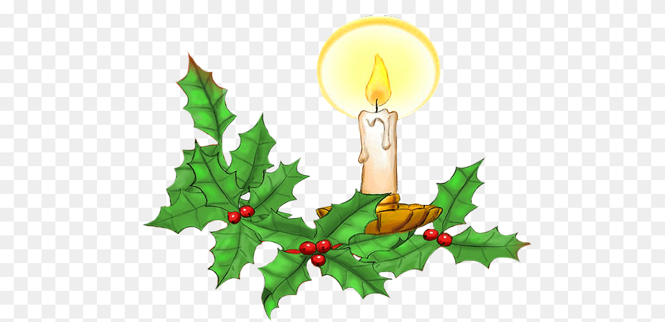 Christmas Candle And Holy Leaves Illustration, Leaf, Plant, Lighting Png Image