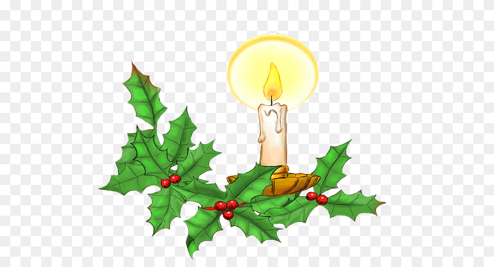 Christmas Candle And Holy Leaves Illustration Illustration, Leaf, Plant, Fire, Flame Free Png Download