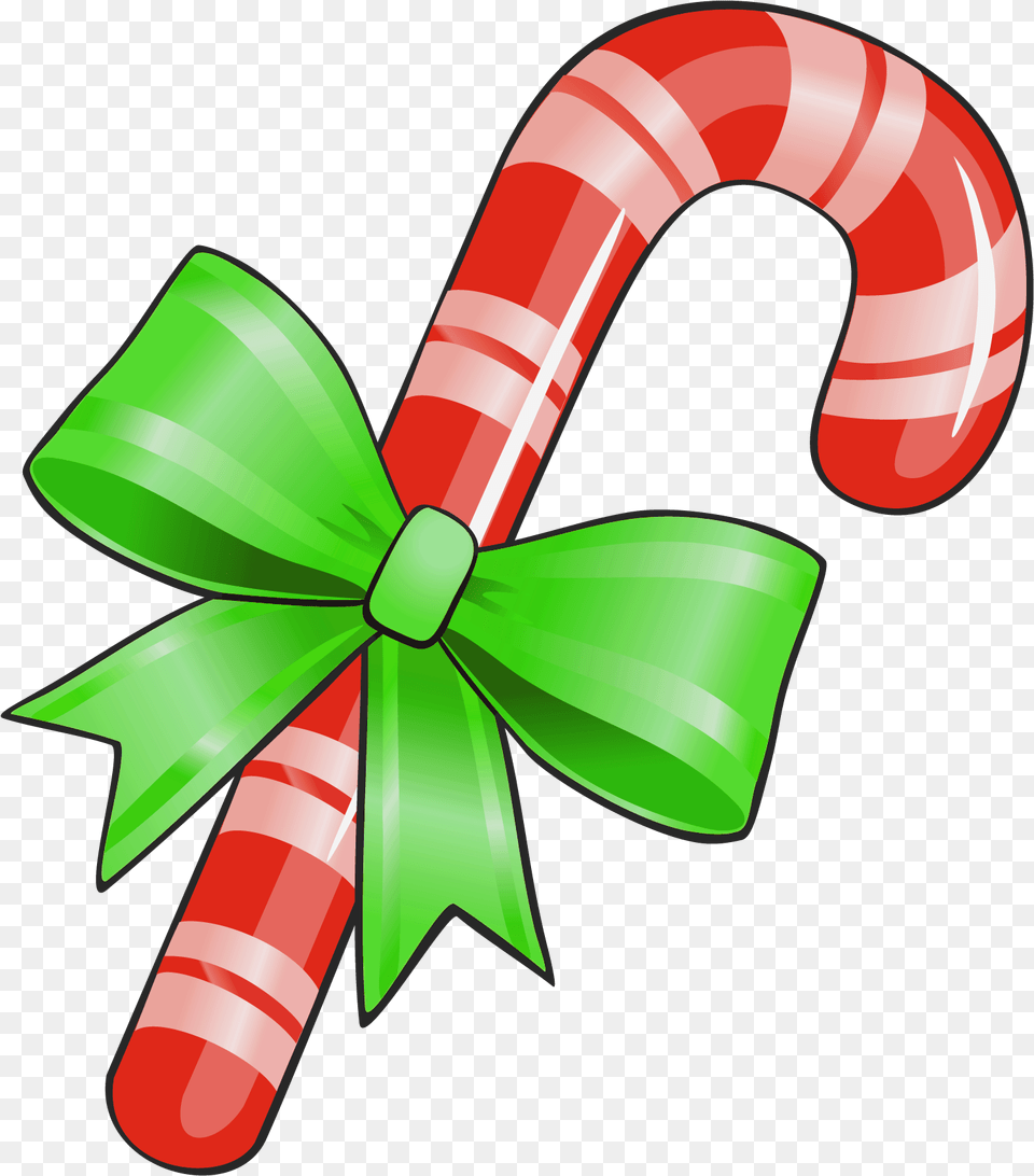 Christmas Candy Cane With Green Bow Christmas Candy Cane Clipart, Food, Sweets, Rocket, Weapon Free Png Download