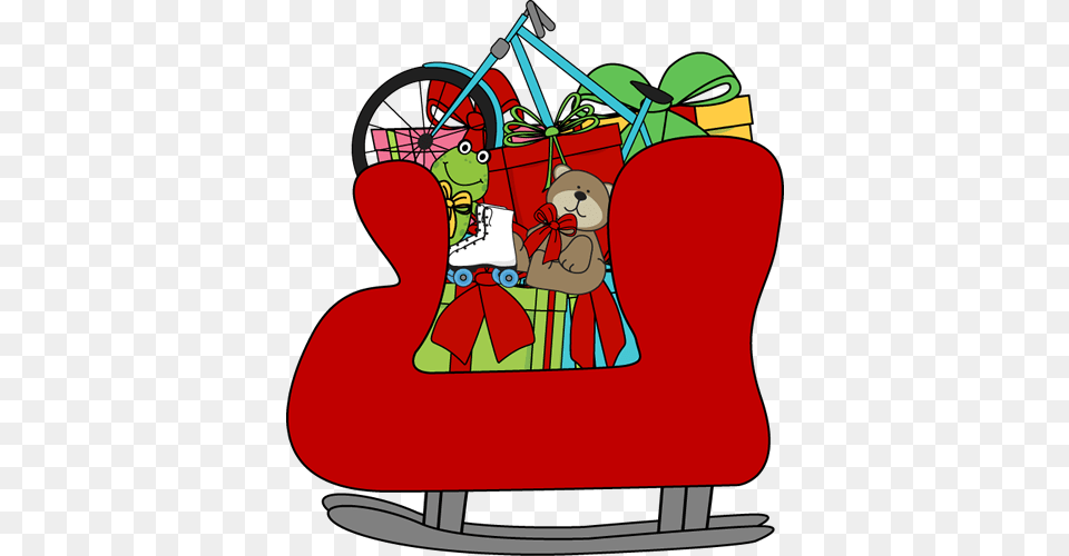 Christmas Clip Art Santa39s Sleigh With Toys, Furniture, Baby, Person, Device Free Png