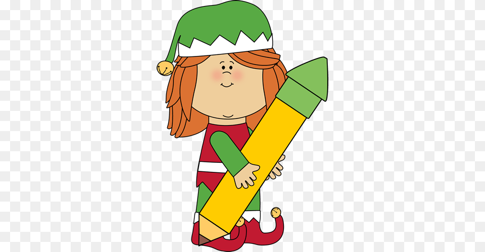 Christmas Elf Holding A Big Pencil Clip Art Teacher Christmas Clip Art, Baby, Person, Face, Head Free Transparent Png