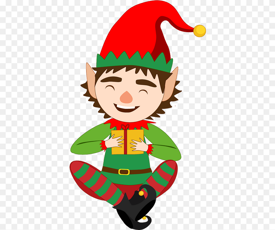 Christmas Elf With Present Clipart Cartoon, Face, Head, Person, Baby Png