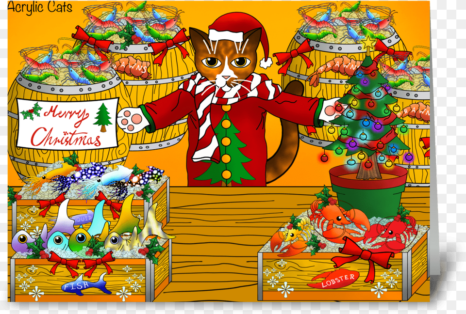 Christmas Fish Market Stall Cat Greeting Card Cartoon, Book, Comics, Publication, Baby Free Png Download