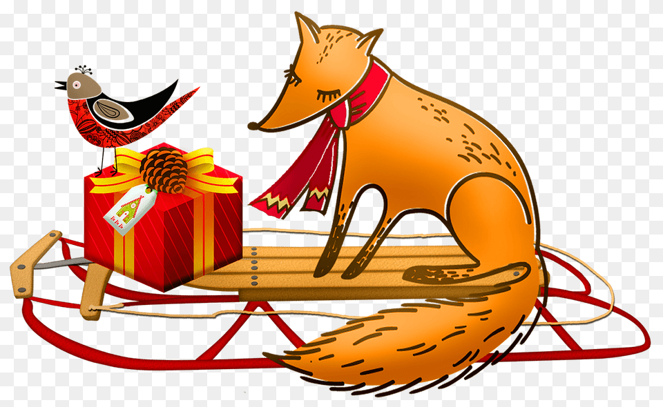 Christmas Fox And Bird On A Sled Clipart, Animal, Mammal, Canine Free Png Download