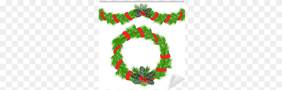 Christmas Garland And A Wreath With Holly Berries Wall Ghirlanda Di Natale Vettorial, Flower, Flower Arrangement, Plant Png