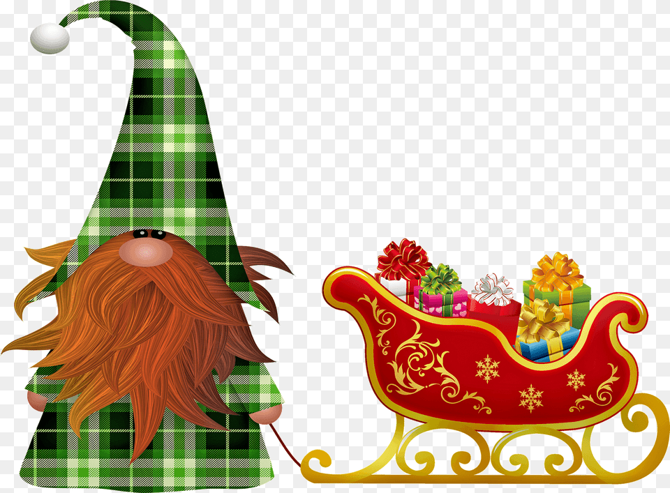 Christmas Gnome And Santa39s Sleigh Clipart, Elf, Furniture, Clothing, Hat Png