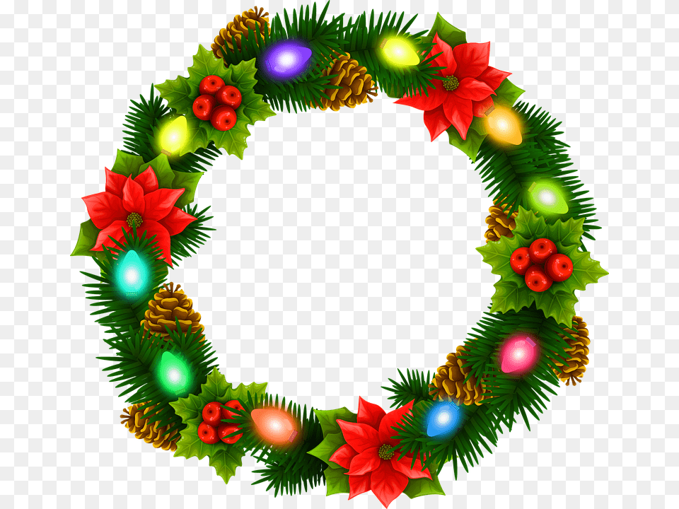 Christmas Lights Wreath Christmas Garland Wreath Background Christmas Reef Clipart, Plant, Pattern Free Transparent Png