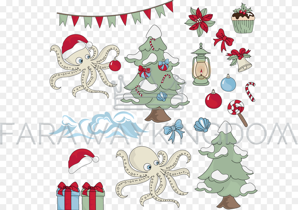 Christmas Octopus Underwater Cartoon Vector Illustration Set Dibujo Pulpo Navidad, Christmas Decorations, Festival, Person, Baby Png