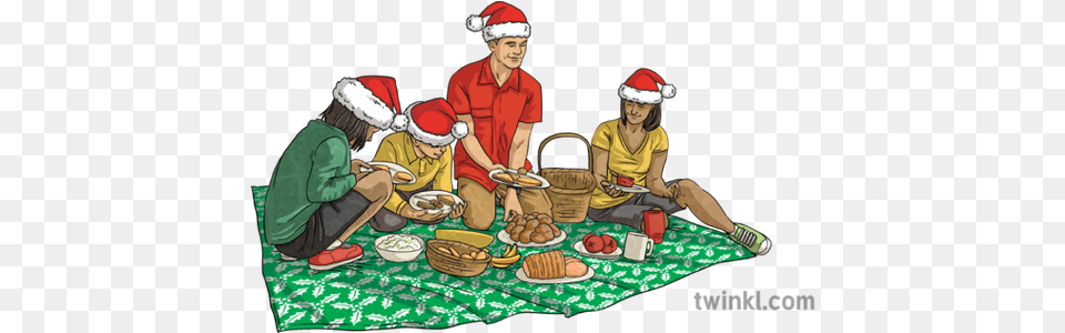 Christmas Picnic Family Parents Children Santa Hats People Chametz, Food, Lunch, Meal, Person Free Transparent Png