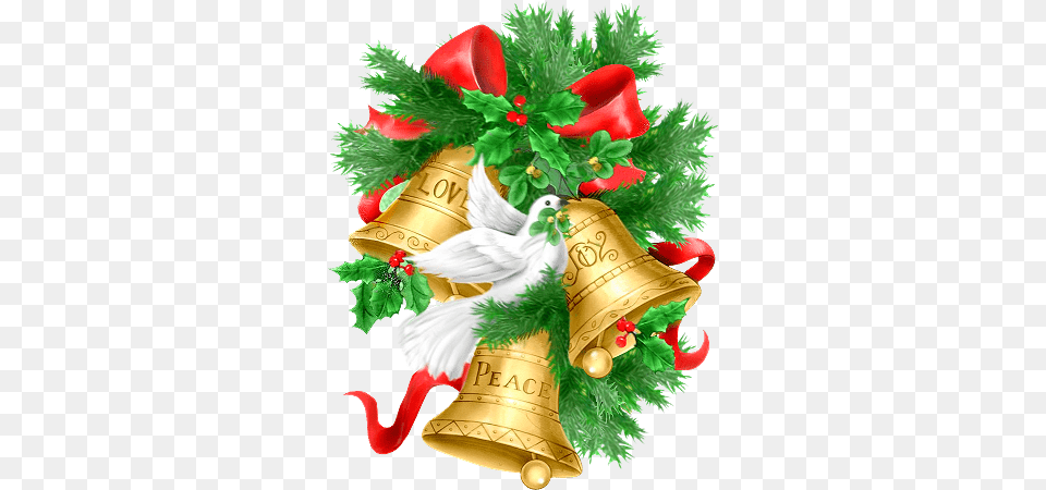 Christmas Pine Branch Golden Bells And Doves Clipart Christmas Day, Plant, Animal, Bird Free Png Download