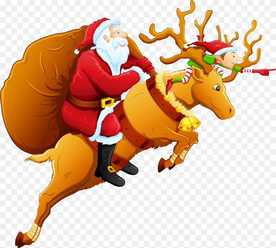 Christmas Santa And Reindeer Clip Art Clipart Santa On A Reindeer, People, Person, Baby, Animal Png Image