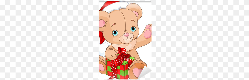 Christmas Teddy Bear Holding Gift Wall Mural Pixers Christmas Day, Baby, Person, Face, Head Png