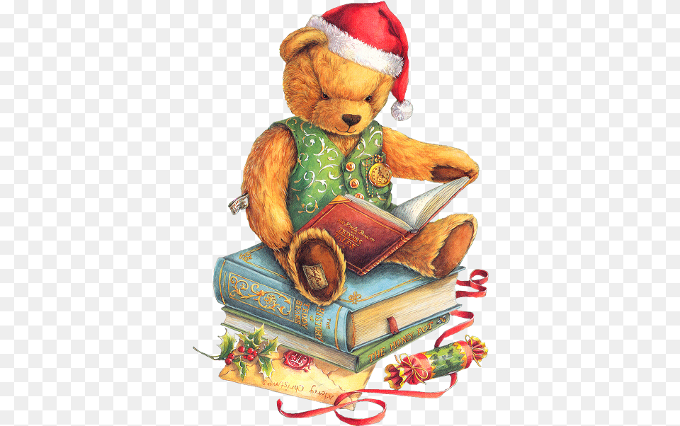 Christmas Teddy Bear With Santa Hat And Books Clipart Teddy Bear Christmas, Book, Publication, Person, Reading Free Transparent Png