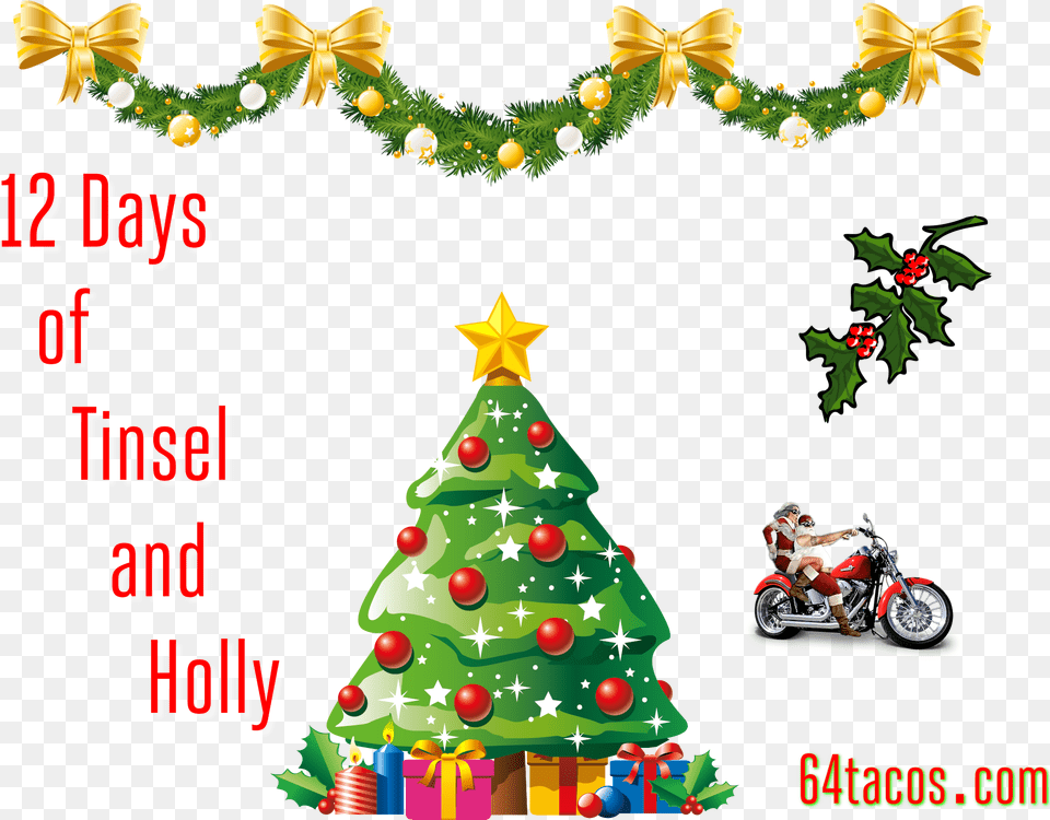 Christmas Tinsel December Christmas Tree Clipart, Vehicle, Transportation, Person, Motorcycle Png Image