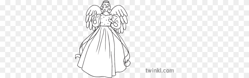 Christmas Tree Angel Black And White Illustration Twinkl Gray Crowned Crane Drawing, Adult, Bride, Female, Person Free Png Download
