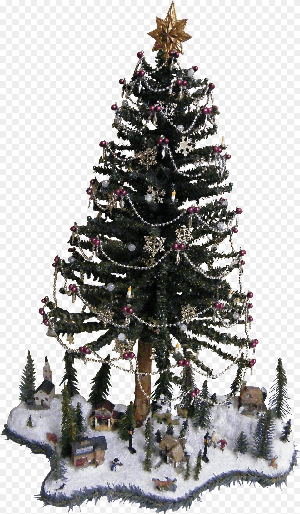 Christmas Tree With Christmas Village At Base Of Tree Christmas Tree, Plant, Christmas Decorations, Festival, Christmas Tree Png Image