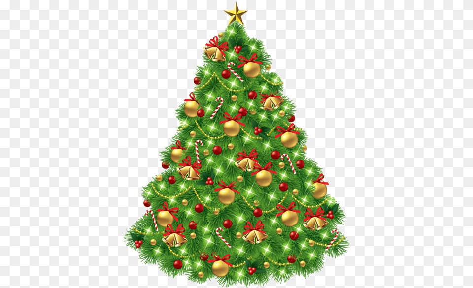 Christmas Tree With Ornaments And Gold Christmas Tree, Plant, Food, Festival, Dessert Png Image