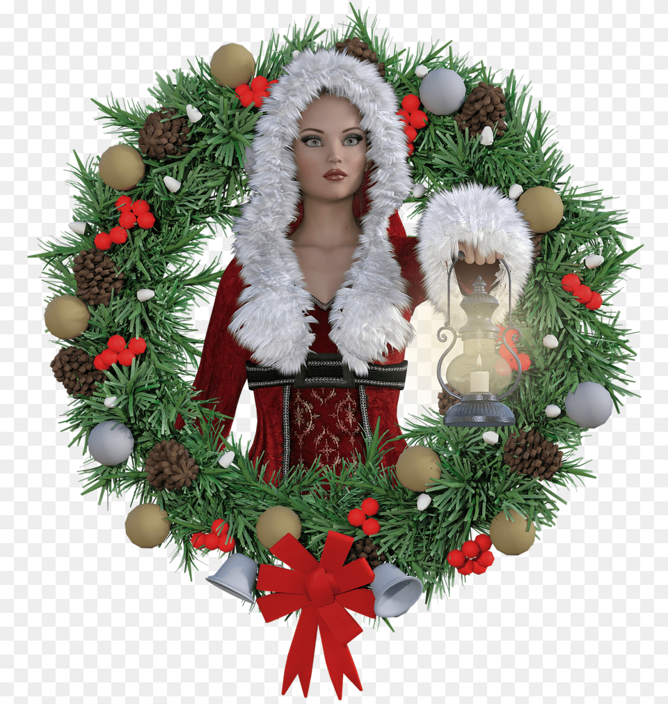 Christmas Wreath Women Fantasy Christmas Wreath Transparent Background, Doll, Toy, Head, Face Png