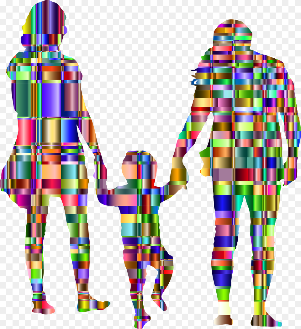 Chromatic Checkered Family With A Child In The Middle Silhouette, Art, Graphics, Collage, Adult Free Png