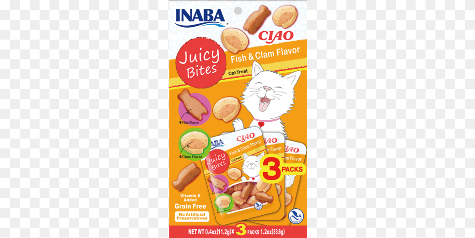 Ciao Juicy Bites Fish Amp Clam Treats Ciao Cat Grilled Extra Tender Chicken In Crab Broth, Advertisement, Poster, Animal, Mammal Png Image