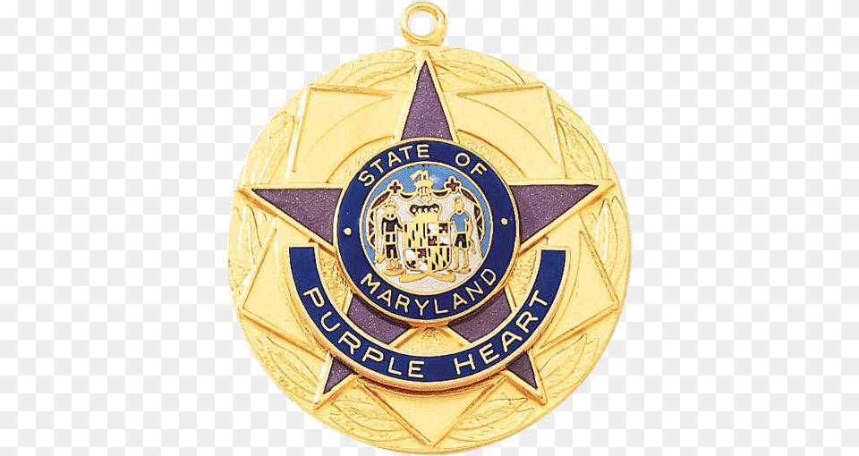 Circlular Purple Heart Medal With Five Solid, Badge, Gold, Logo, Symbol Free Png