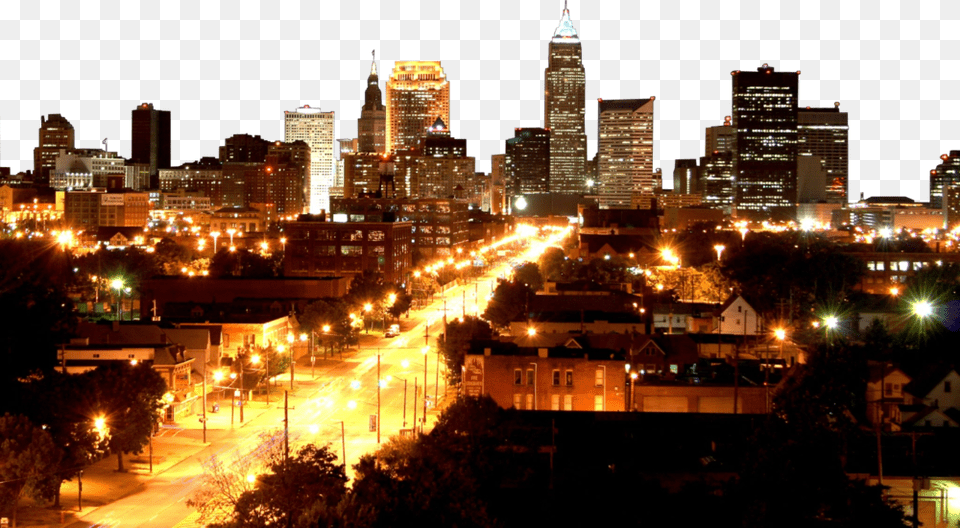 City Of Cleveland Skyline At Night, Architecture, Road, Urban, Metropolis Png Image